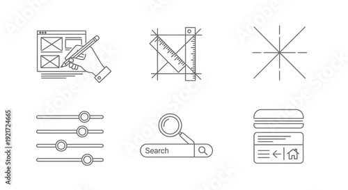 UI UX Web Design and Prototyping Line Art Icons Set on Isolated White Background