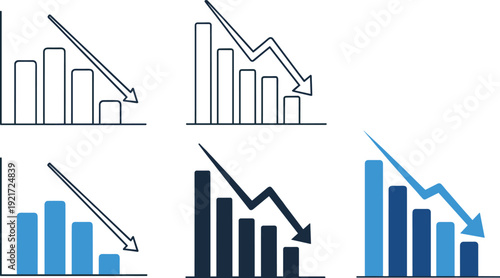 Bar graph featuring a downward arrow symbol to represent decline and negative growth. Business analytics concept illustrating financial loss, reduced performance, falling statistics, reporting metrics
