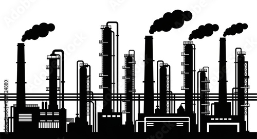 Silhouette of an industrial complex with smokestacks emitting pollution into the atmosphere.