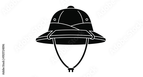 Black safari helmet with chin strap a striking visual silhouette