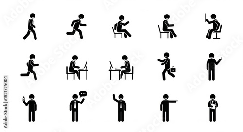 Collection of black silhouette icons depicting people in various actions and poses with office chairs and desks on white background for business and communication concepts