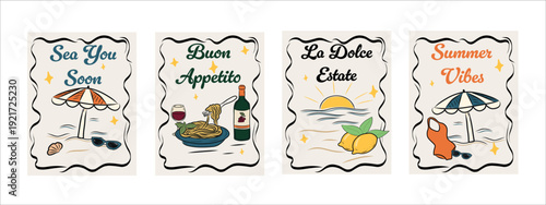 Italian Summer Postcard Set Colorful Mediterranean Design Collection. Set of four colorful Italian summer postcards created from hand drawn mediterranean elements. 