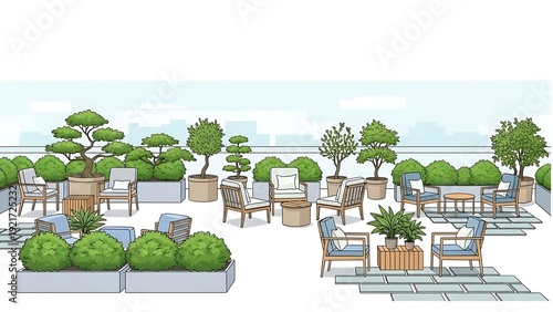 Modern rooftop garden with potted plants and outdoor seating area illustration.