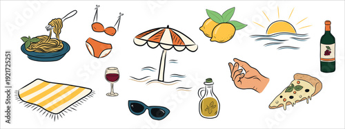 Colorful Italian Summer Elements Collection Hand Drawn Illustration Set. Set of colorful hand drawn Italian summer elements including food and vacation themed objects. 
