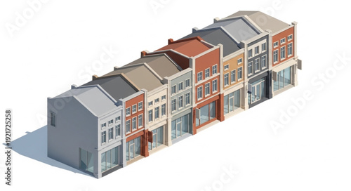 Row of colorful buildings with shops and architectural details, a vibrant cityscape.