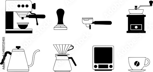Home Coffee Brewing Kit Icons Isolated on Light Background