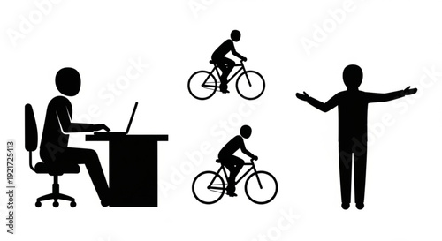 Silhouette of person working on laptop with cyclist and gesturing figure icons representing work life balance and commuting concepts