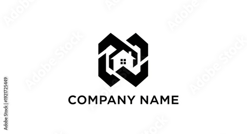 Modern geometric logo design featuring a house within a complex structure, company branding.