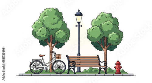 Park scene with a bicycle, bench, trees, and a street lamp.