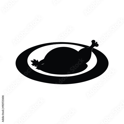 thanksgiving dinner plate silhouette vector illustration, Delicious roasted turkey with herbs on a plate silhouette vector illustration