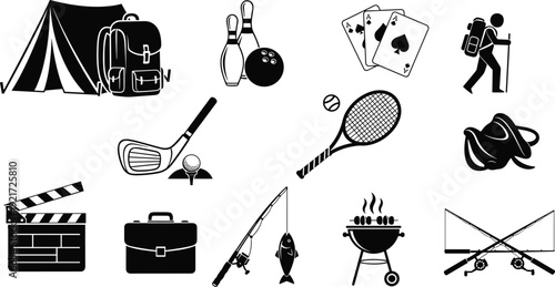 Black and white vector icons of recreational leisure activities including camping, sports, fishing, barbecue, hiking, gaming, and outdoor adventure designs