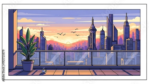 Modern city skyline view from balcony at colorful sunset.