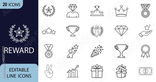 Reward web line art icon set. Trophy, medal, bonus, ribbon, certificate, award, crown collection. Vector illustration.