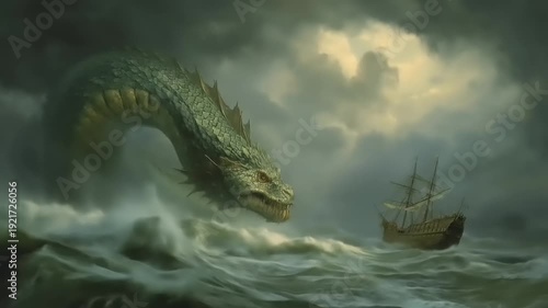 Dramatic sea serpent rises over stormy ocean with ship