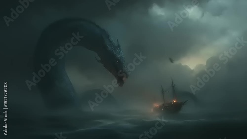 Dramatic seascape with mythical creature and sailing vessel in a storm