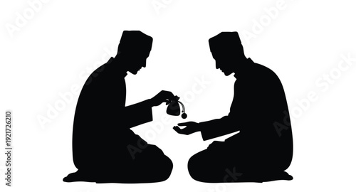 Two men in traditional hats exchanging an object a striking silhouette