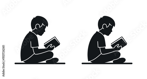 Two young boys reading books in a simple black silhouette