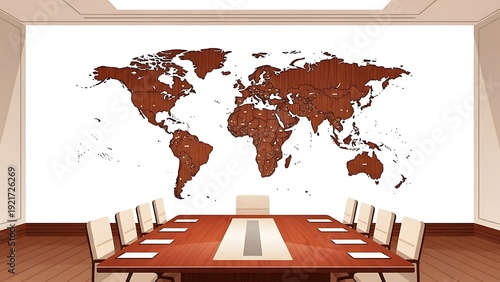 Modern conference room with large world map wall mural and elegant chairs.