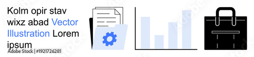 Business management, data analysis, document storage, administrative tasks, workflow organization, productivity tools. Folder with gear icon, bar chart document and briefcase. Business management