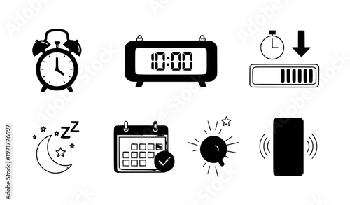 Time Management and Alarm Clock Vector Icons for User Interface Design