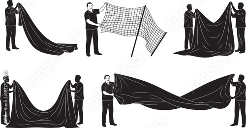 Set of construction worker silhouettes, industrial avatars, men drinking water, laborers with brooms, and technicians with toolboxes for professional work.