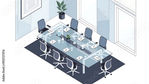Modern glass conference room with office chairs and technology devices.