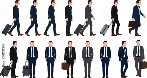 Businessman Walking and Standing with Suitcase and Briefcase Collection Isolated on White Background for Corporate Travel Concept