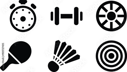 Fitness and sports black icons: stopwatch, dumbbell, wheel, ping pong paddle, shuttlecock, and target.