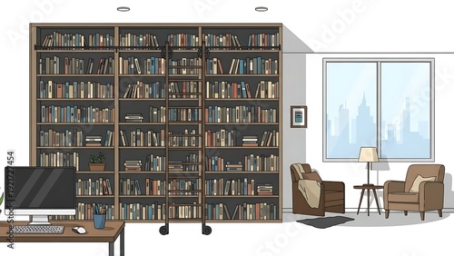 Modern home library with large bookshelf and cozy reading area.