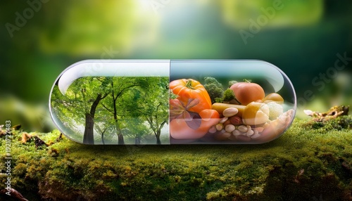 transparent pill capsule showing healthy food lying in nature