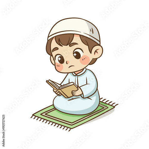 Little Muslim boy sitting on prayer mat reading the holy Quran