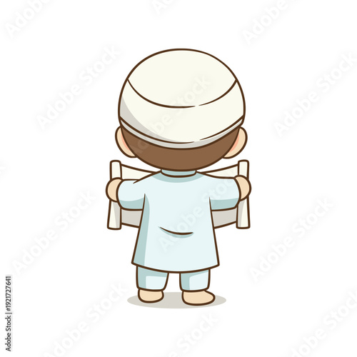 Muslim boy character seen from behind holding a white blank paper