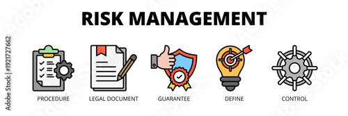 Risk Management web banner icon vector illustration concept for corporate risk control with icons of procedure, legal document, guarantee, defining strategy and system control.