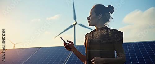 Young woman examines renewable energy site, solar panels and wind turbines in dynamic harmony; camera pans gently, capturing the cinematic transition of sustainable innovation.