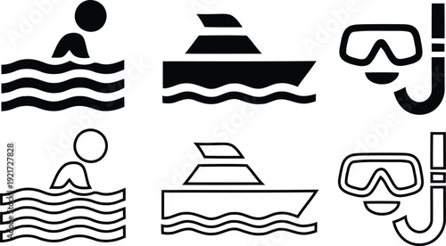 Set of simple flat icons for swimming, boating, and snorkeling in black and white silhouette style.