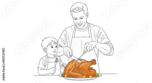Man Carving Roasted Turkey with Child.