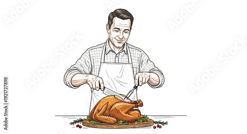 Man Carving Roasted Turkey Illustration.