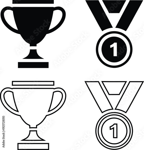 Symbols for victory and achievement featuring a trophy and a number 1 medal in solid and outline design.