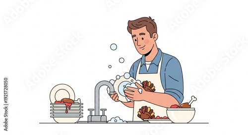 Man Washing Dishes in Kitchen.