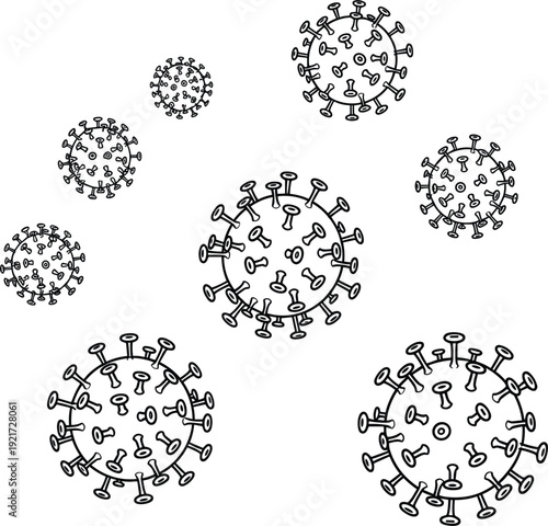 Black and white virus cluster with eight spherical pathogens vector