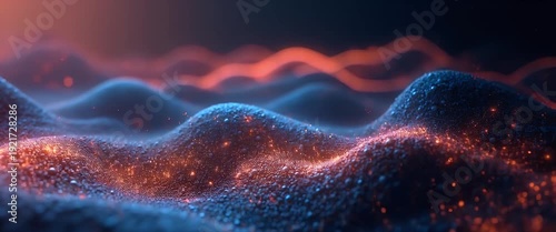 Glowing particles flow gently over undulating blue terrain in a mesmerizing, cinematic style as the camera slowly pans across, capturing the ethereal beauty and ambient motion of the scene.