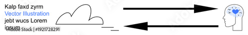 Data transfer, communication, cloud computing, information flow, technology, conceptual design. Cloud linked to human head with arrows and abstract symbols. Data transfer and communication concepts