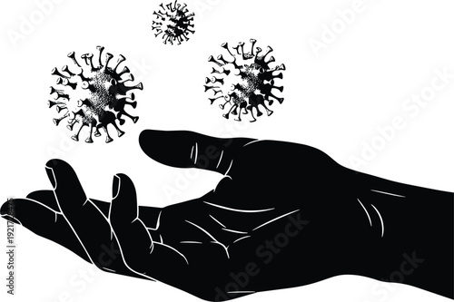 Black silhouette of hand with floating virus particles vector