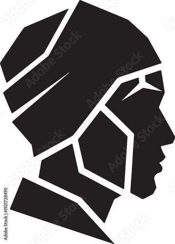 Black silhouette of a person's head in profile with geometric cracks also transparent background