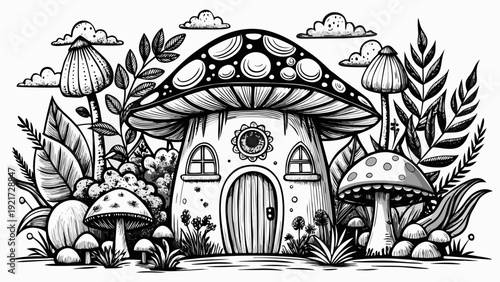 Very beautiful whimsical mushroom house illustration in black and white line art, evoking fairy tale imagination and enchanting woodland architecture charm.