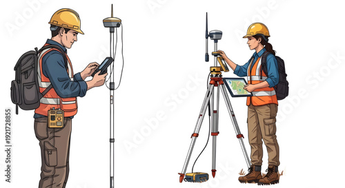 Surveying Team with Total Station and GPS Controller, GNSS Pole Vector,  Vector illustration of a surveying team on a white background. A man with a backpack holds a GPS controller, and a woman 