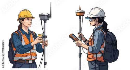 Female Land Surveyors with GPS GNSS Poles and Controllers, Vector illustration of two female land surveyors on a white background. Both women wear hard hats and safety vests, holding GPS poles