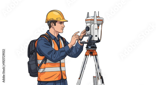 Male Land Surveyor Operating Total Station, GNSS Pole, Vector illustration of a male land surveyor on a white background. Wears a yellow hard hat and a backpack, operating a total station on a tripod 