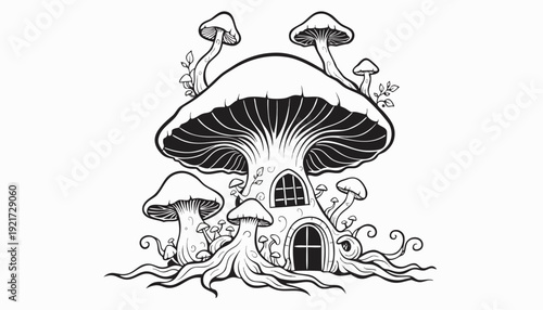Very beautiful whimsical mushroom house illustration in black and white line art, evoking fairy tale imagination and enchanting woodland architecture charm.