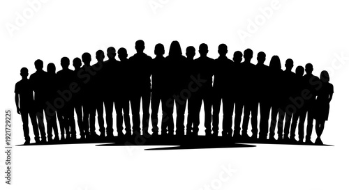 A large group of people are silhouetted against a white background forming a dense unified shape